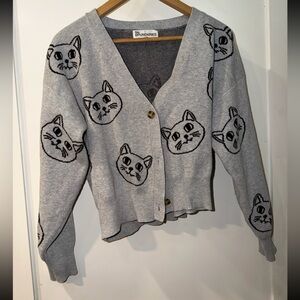 NO BOUNDARIES Cat Print Sweater Gray Cropped 3 Button Cardigan Woman's L (12/14)